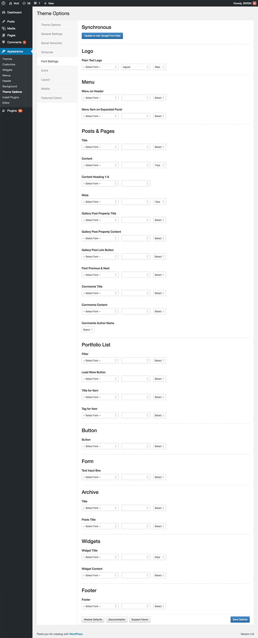 Theme Option - Fonts settings