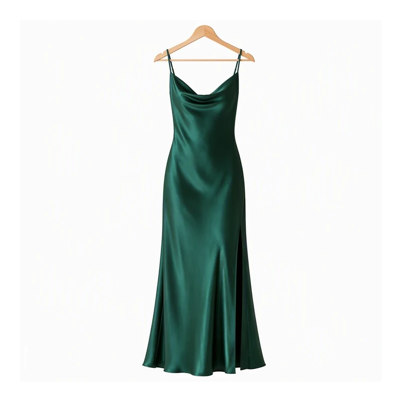 Emerald satin maxi dress on a hanger