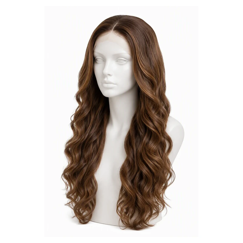 Long curly brown wig on a mannequin