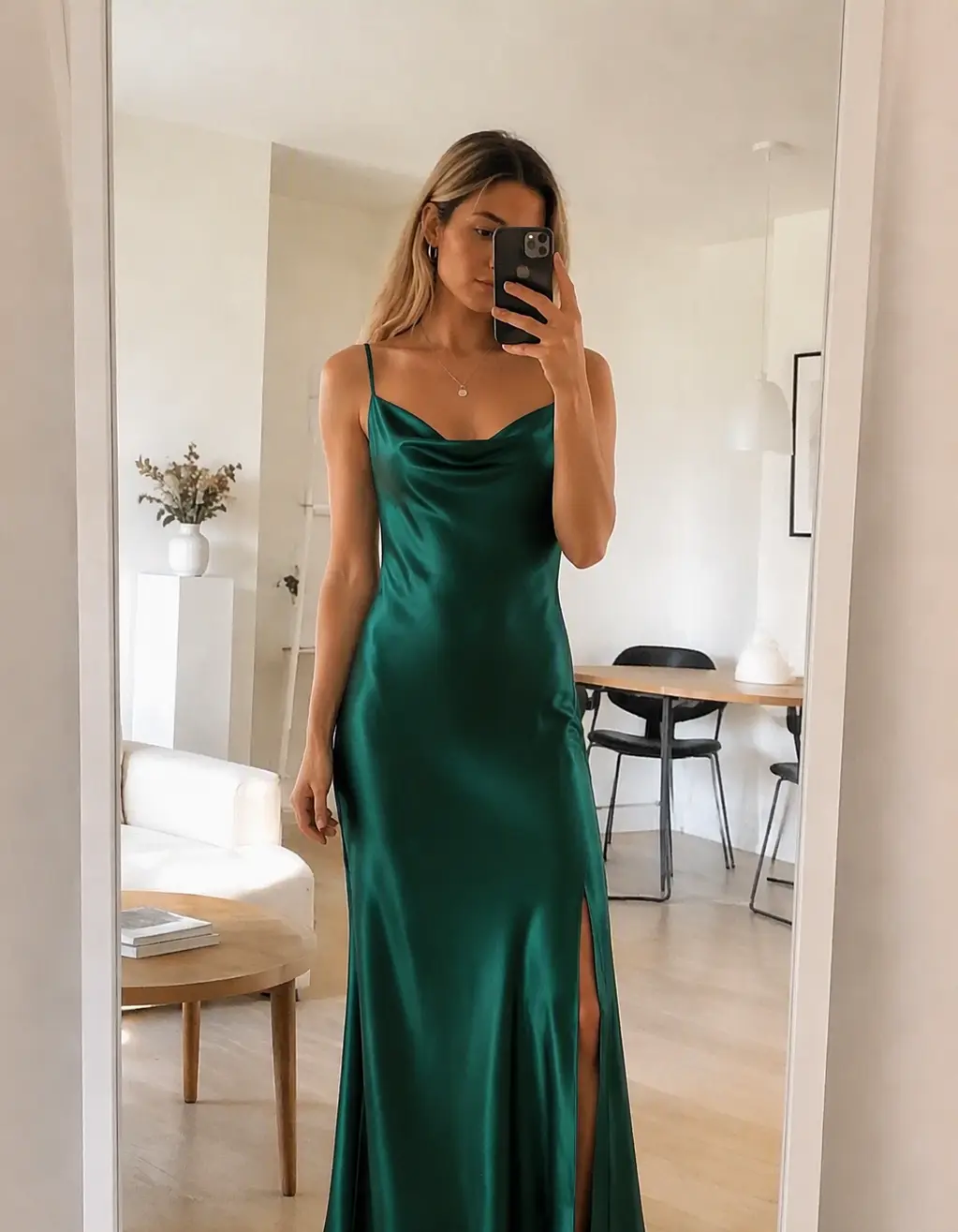 AI preview of a shopper wearing the green satin dress