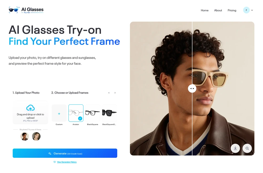 AI glasses try-on image generator website demo