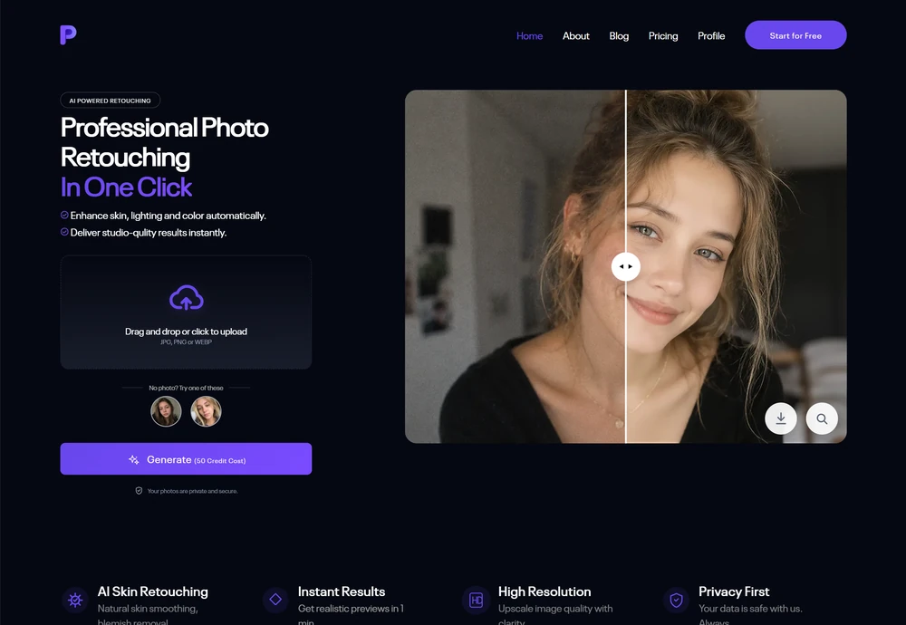 AI photo retouching image generator website demo